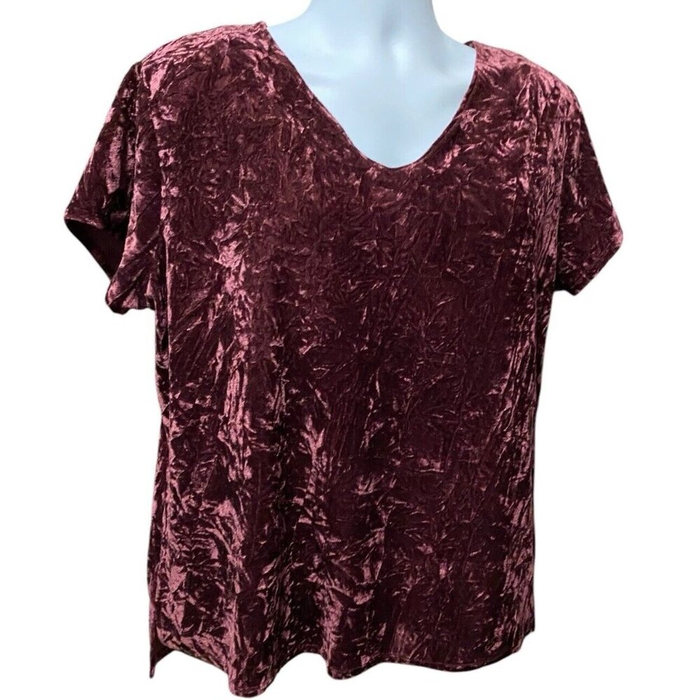MTS Velour Top Womens Size L Crushed Velvet Burgundy Short Sleeve V Neck